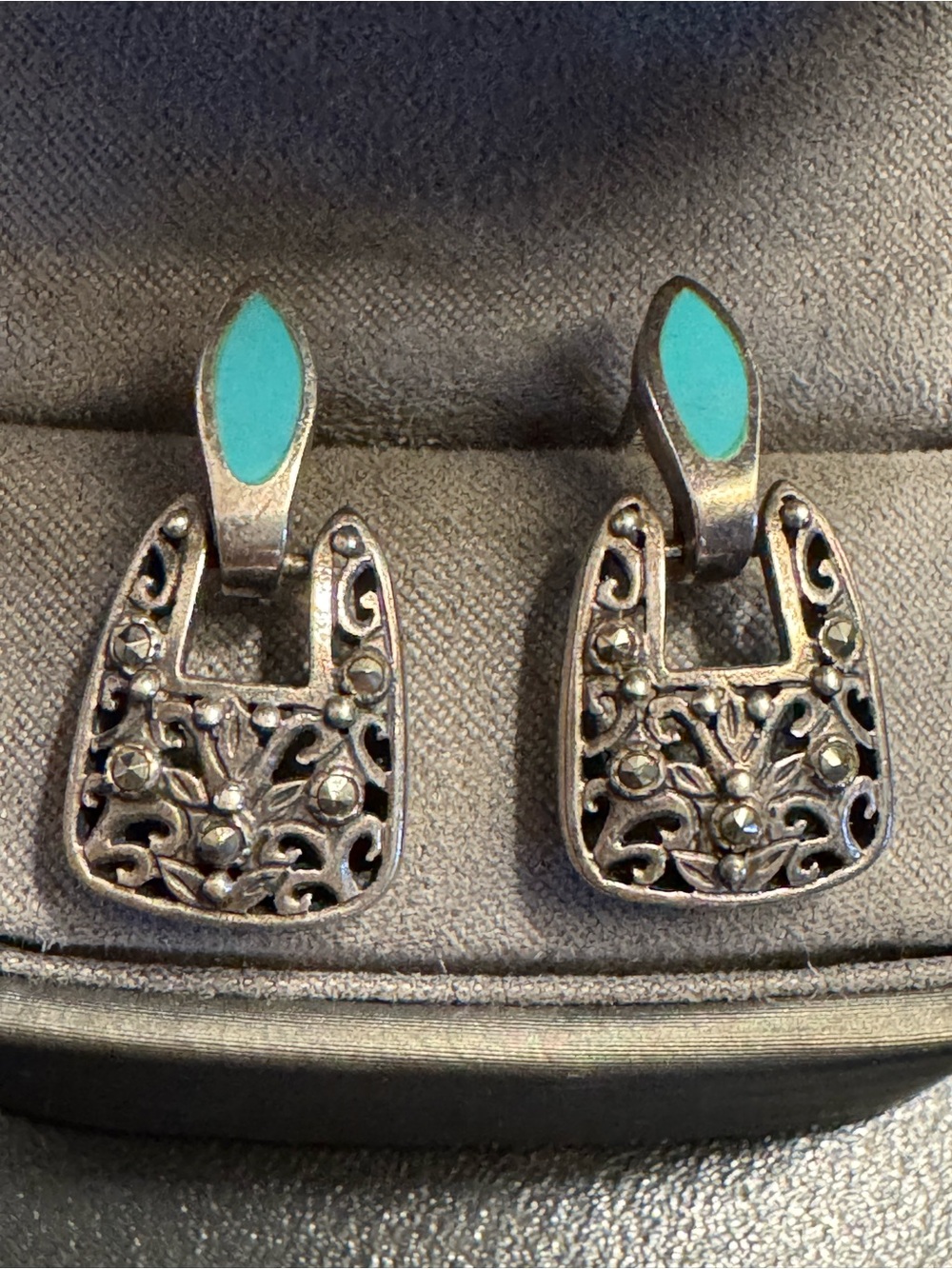 Vintage Sterling Silver Turquoise Marcasite Earrings - Art Deco - 7.9g